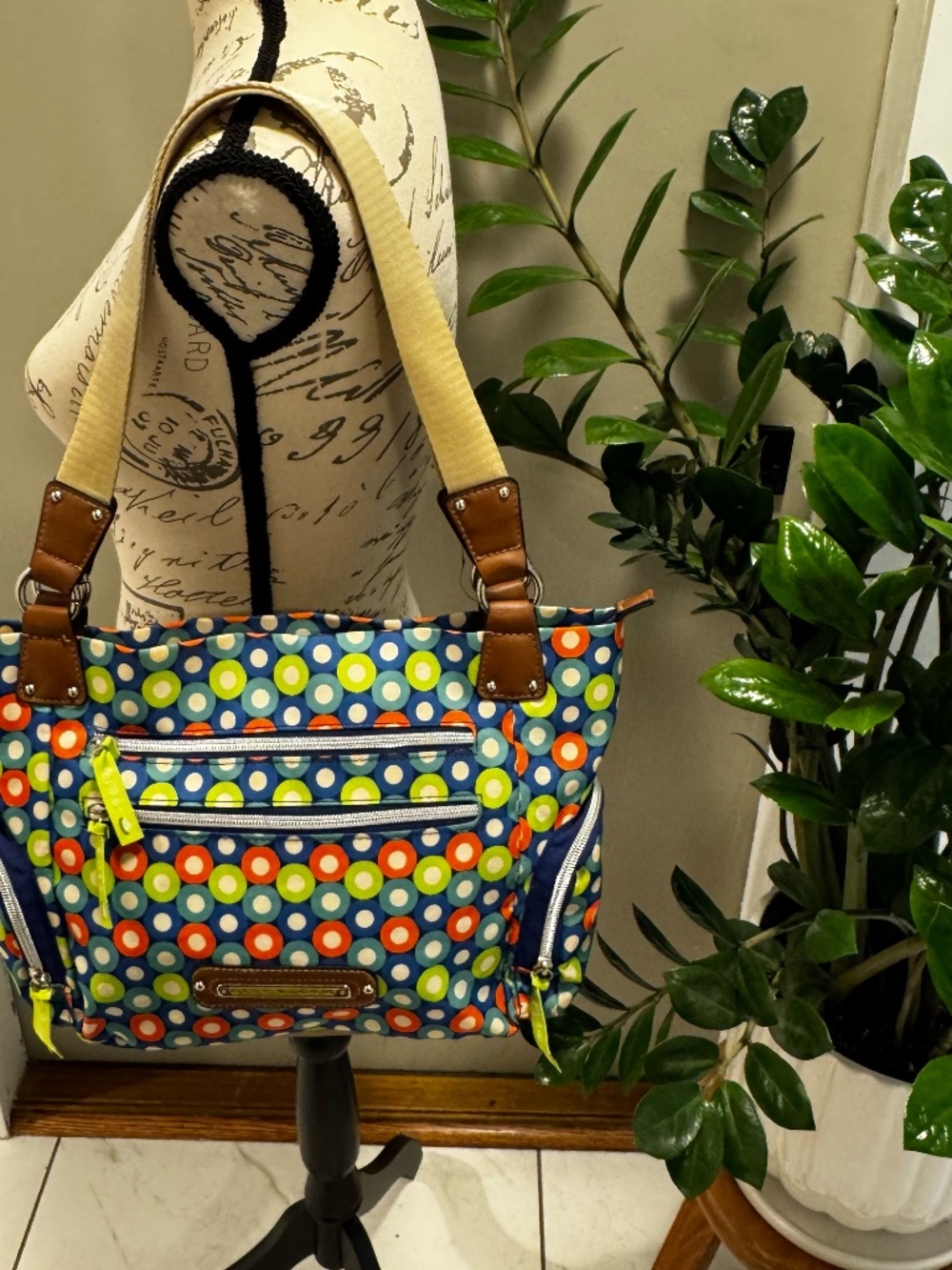 Lily Bloom Polka Dot Tote Bag Blue Green Orange Multi Pocket Shoulder Purse